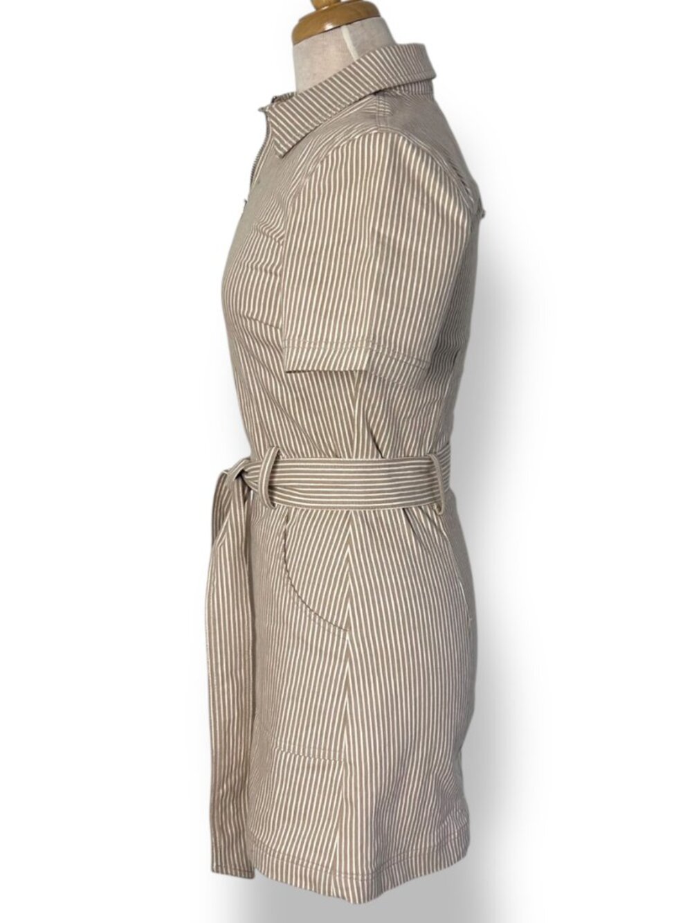 Steve Madden Belted Zip Up Collar Utility Canvas Dress Khaki White Stripe Sz XS - Picture 4 of 9